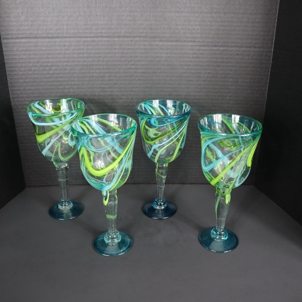 Set Of 4 Matching Hand Blown Mexican Blue/Green Swirl Margarita Glasses 9.5 in.‎